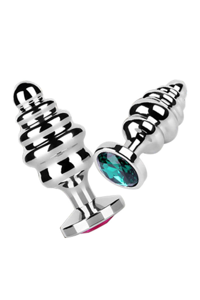 Classic Stainless Steel Ribbed Butt Plug with Sparkly Jewel Base