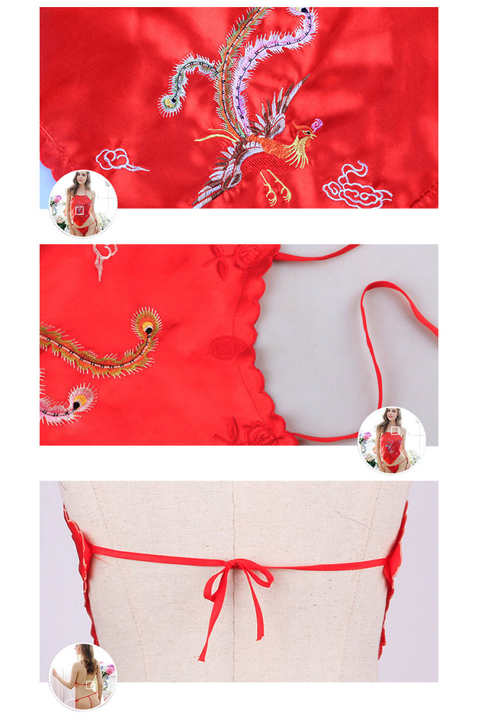 Retro Embroidery Stomachers and Matching Thong Red