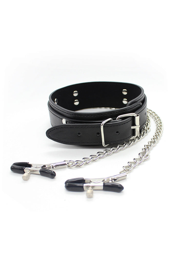 Leather Collar with Nipple Clamps