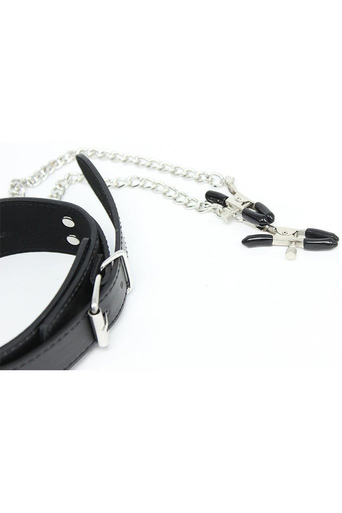 Leather Collar with Nipple Clamps