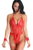 Floral Lace Deep V-neck Bodysuit and Lace Wrist Cuffs