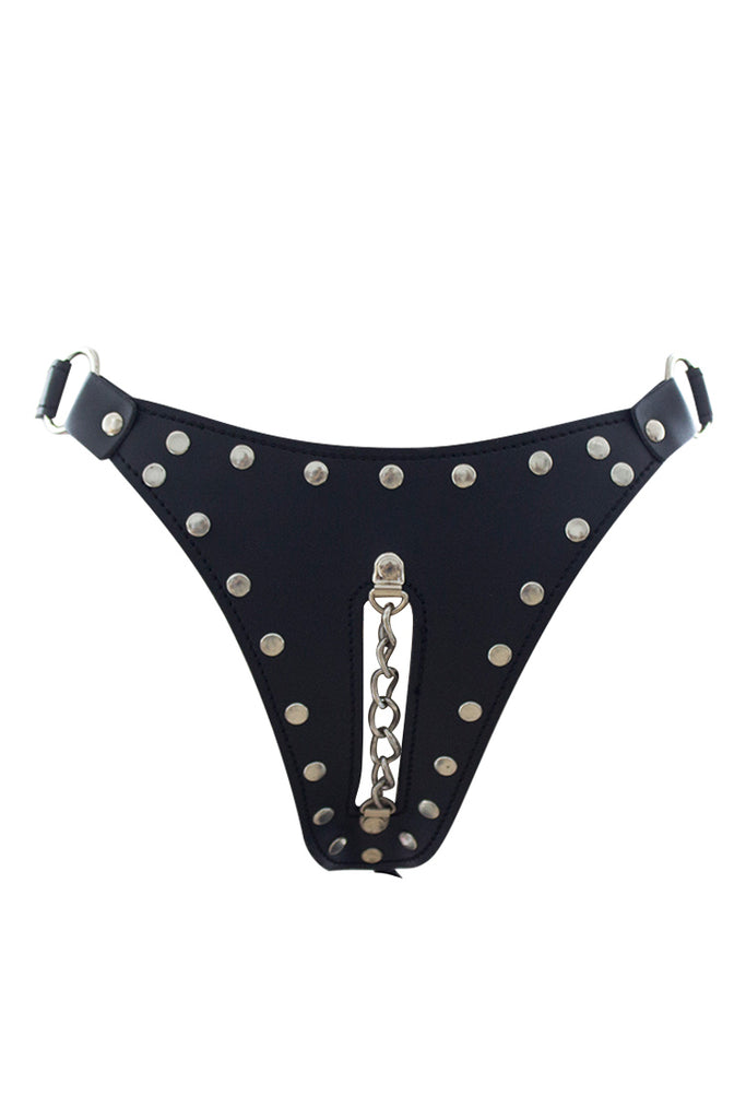 Women Chain Crotch Faux Leather Studded Thong