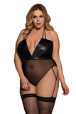 Plus Size Faux Leather Lace Spliced Halter Neck Bodysuit