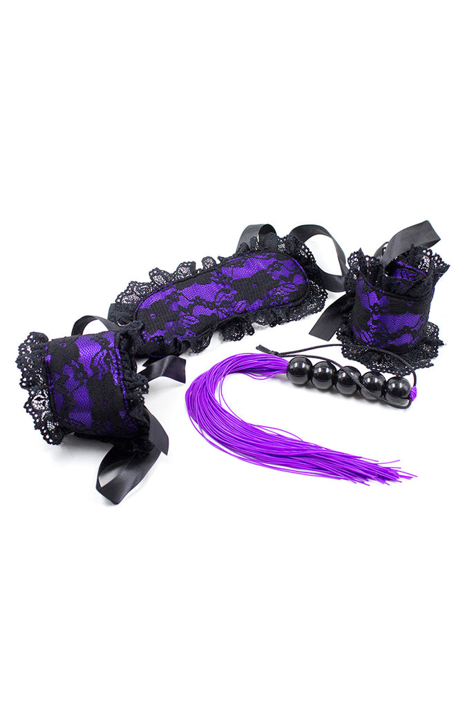 Lace Hand cuffs Blindfold and Flogger Set