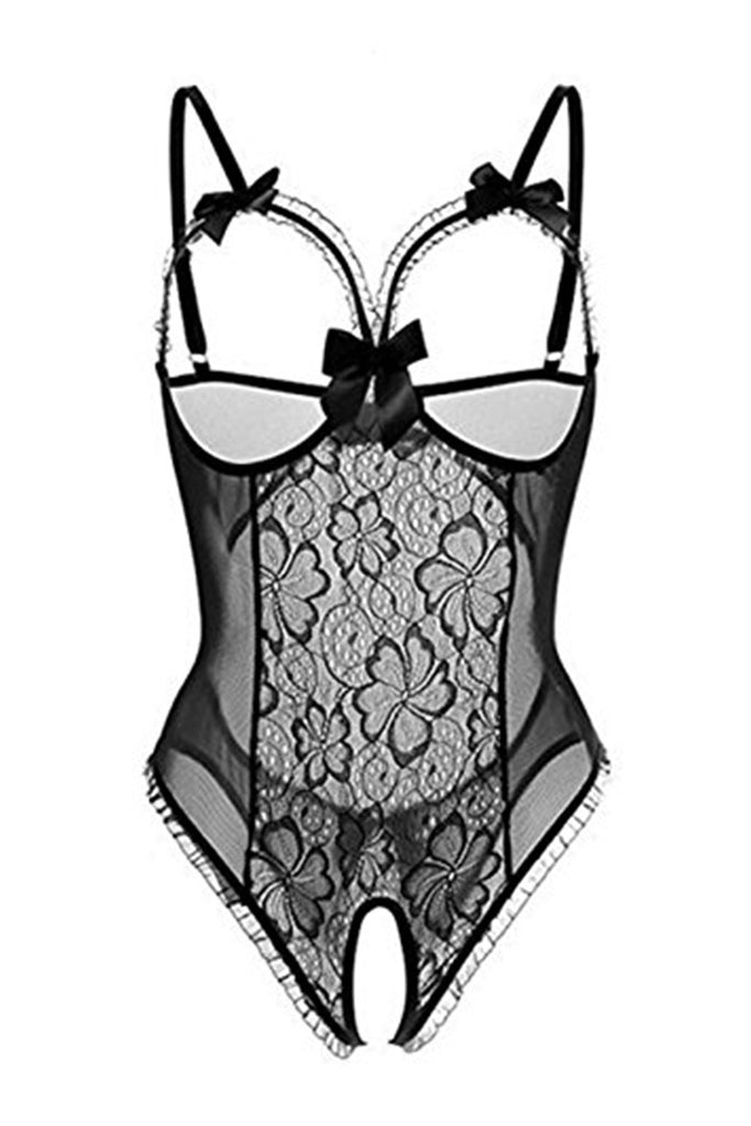 Open Cups Crotchless Black Sheer Lace Bodysuit
