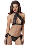 Halterneck Satin Lace Bra and Bow Sides Thong Set