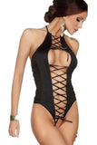 Black Deep Plunge Lace Up Bodysuit