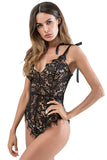 Ribbon Tie Shoulder See Through Floral Lace Bodysuit