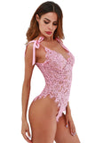 Ribbon Tie Shoulder See Through Floral Lace Bodysuit