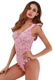 Ribbon Tie Shoulder See Through Floral Lace Bodysuit
