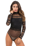 Women Long Sleeve Mini Bodysuit High Neck Hallow Out Lace Teddy Lingerie Jumpsuit