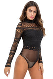Women Long Sleeve Mini Bodysuit High Neck Hallow Out Lace Teddy Lingerie Jumpsuit