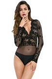 Women's Sexy Long Sleeve V Neck Mesh Lace Bodysuit Lingerie