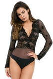 Women's Sexy Long Sleeve V Neck Mesh Lace Bodysuit Lingerie