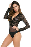 Women's Sexy Long Sleeve V Neck Mesh Lace Bodysuit Lingerie
