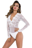 Women's Sexy Long Sleeve V Neck Mesh Lace Bodysuit Lingerie