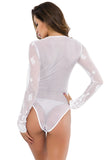 Women's Sexy Long Sleeve V Neck Mesh Lace Bodysuit Lingerie